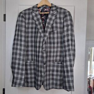 Linen Plaid Blazer Sport Coat Men's 48 Tall Floral Lined Italian Summer Look